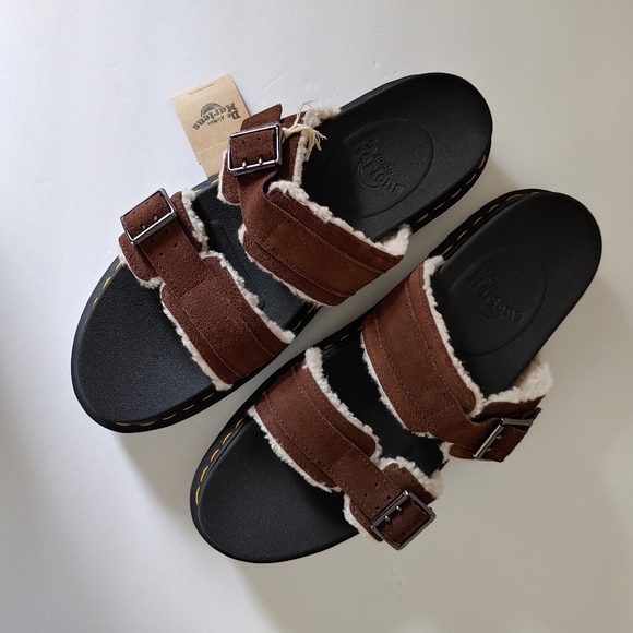 NEW Dr. Martens Myles Suede Fur-lined Buckle Slide Sandals Dark Brown Size 13 - Picture 5 of 16